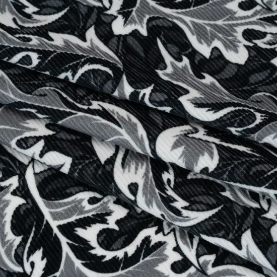 1 Yard Black White Gray Oak Leaves Soft Cotton Print Corduroy Print Fabric 59 Width {4}