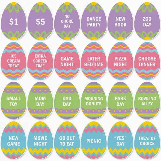 Big Dot of Happiness Hippity Hoppity Easter Egg Hunt Token Stuffers, 24 Count Egg Shape Filler Tokens with Rewards for Kids, Reusable Easter Activity, Egg Hunt Supplies {1}