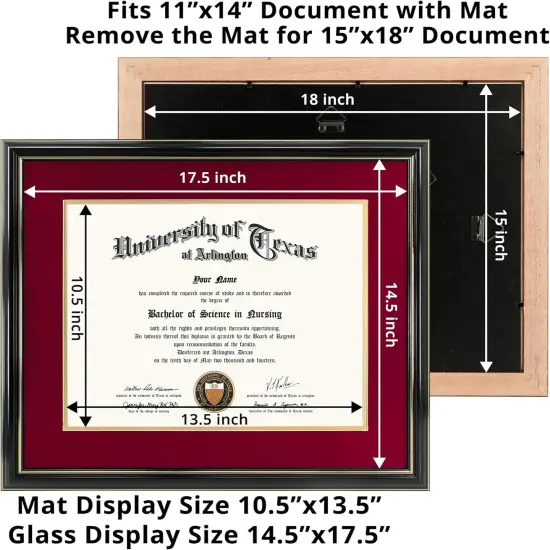 11x14 Diploma Frame with Red over Gold Mat or Display 15x18 Certificate without Mat,Solid Wood & UV Protection Acrylic,Glossy Black Finish with Gold Trim {3}