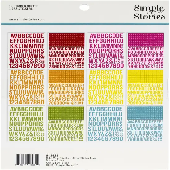 Simple Stories Color Vibe Alpha Sticker Book 12/Sheets-Brights, 1758/Pkg {4}