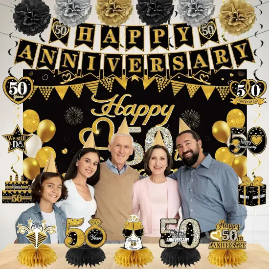 Happy 50th Anniversary Decorations Kit, Black Gold 50th Wedding Anniversary {5}