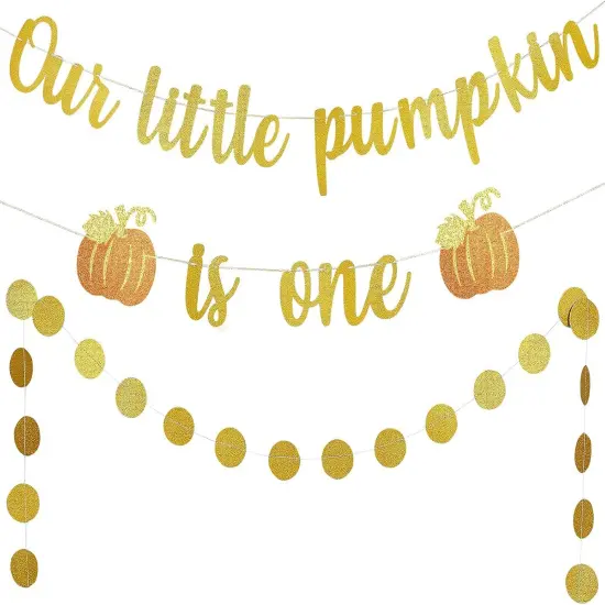Gold Glitter Our Little Pumpkin is One Birthday Banner {1}