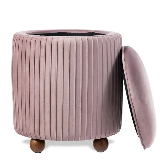 Modern Dusty Pleated Velvet Upholstered Storage Ottoman or Accent Stool with Rubberwood Ball Feet Pink {10}