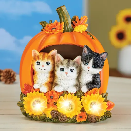 Collections Etc LED Lighted Hand-Painted Harvest Pumpkin Cats Decoration {2}