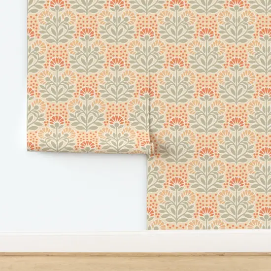 Peel & Stick Wallpaper 2FT Wide Orange Flowers Retro Hand Drawn Cottagecore Stamped Bohemian Folk Art Custom Removable Wallpaper by Spoonflower {2}