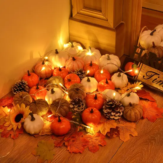 80Pcs Artificial Pumpkins Maple Harvest Fall Decoration, 30Pcs Fall Pumpkins and 50Pcs Maple Leaves for Autumn Thanksgiving Harvest Home Decor {2}