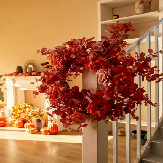 Artificial Fall Eucalyptus Garland with Flowers - Orange {4}