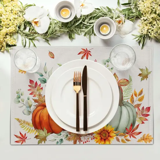 Set of 4 Watercolor Pumpkins with Maple Leaves Placemats - 12 x 18 Inch {3}