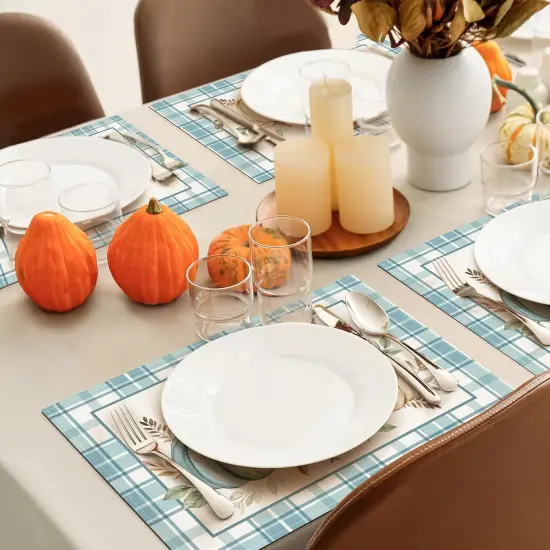 Set of 4 Blue Plaid Pumpkin Placemats - 12x18 Inch {4}