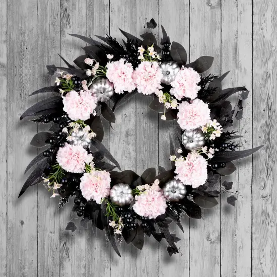 Artificial Pink Carnation Halloween Wreath - 26 Inch {3}