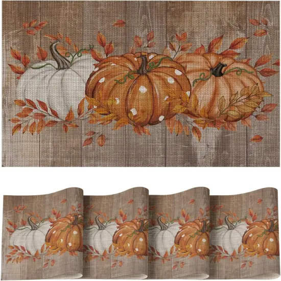 Set of 4 Wood Pumpkin Leaves Fall Vinyl Placemats - 12" x 18" (Orange) {1}