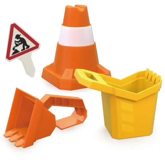 Hape: Sand Construction Playset - 4pc Beach Toy Set, Digger Bucket, Bulldozer Shovel, Safety Cone, Indicator, Scoop & Dig, Water Play, Kids Ages 3+ {1}