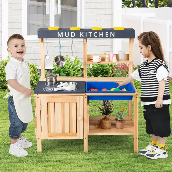 Costway Kids Kitchen Playset Wooden Outdoor Mud Kitchen Pretend Play Toy W/ Kitchenware {4}