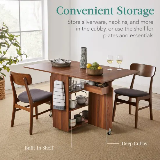 Best Choice Products Multipurpose Folding Table w/ Wheels, 3 Storage Shelves, Cubby, Handle Brown {4}