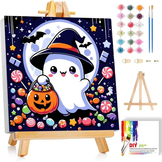 Halloween Ghost Paint by Numbers Kit with Frame and Wooden Easel - 8x8 Inch {1}