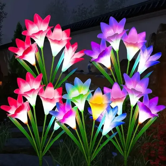 4 Pack Solar Lights With 16 Bigger Artificial Lily Flowers, Multi-Color Changing Lights, Solar Garden Decor Lights For Patio Yard Lawn Pathway {2}