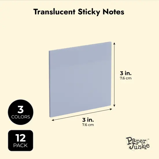 12-Pack 3x3-Inch Transparent Sticky Notes, 5.2mil Clear Plastic Self-Stick Sheets in Blue, Yellow, and Pink for Notes, Annotations, and Bookmarks, 50 Sheets per Pad, 600 Sheets Total Multicolor {3}