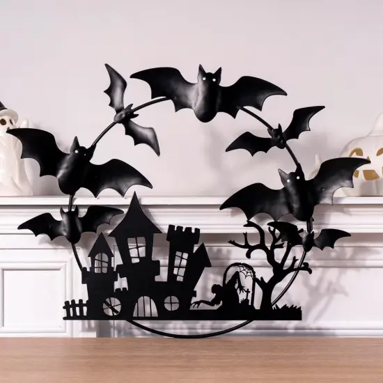 Halloween Metal Wreath - 20 inch Black Iron with Bats {3}