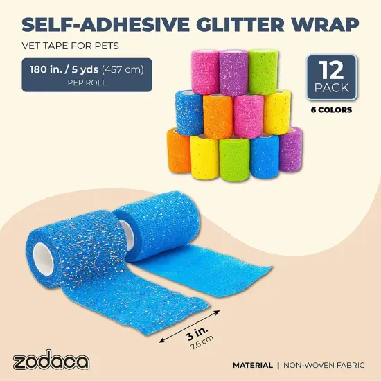 Self-Adherent Wrap, Glitter Cohesive Vet Tape for Pets (3x180 in, 12 Pack) Multicolor {2}