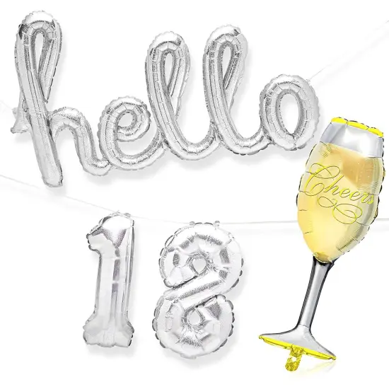4 Pcs Silver 18th Birthday Balloons with Champagne Glass Foil Balloon for Party Decorations, Hello 18 {1}