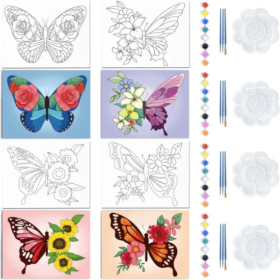 4 Pack Canvas Painting Kit, Butterfly and Flowers Theme Pre Drawn Canvas to Paint 8x10 inch for Adults Paint Party Kit {1}
