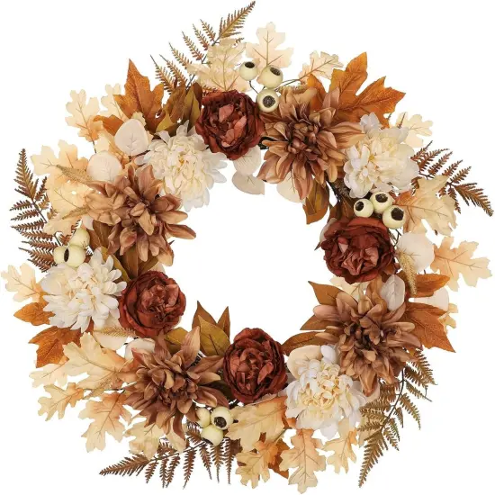 24 Inch Fall Brown Wreaths with Artificial Dahlia {1}