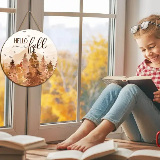 Hello Fall Forest Wooden Hanging Sign Rustic Watercolor(Brown, Beige) {5}