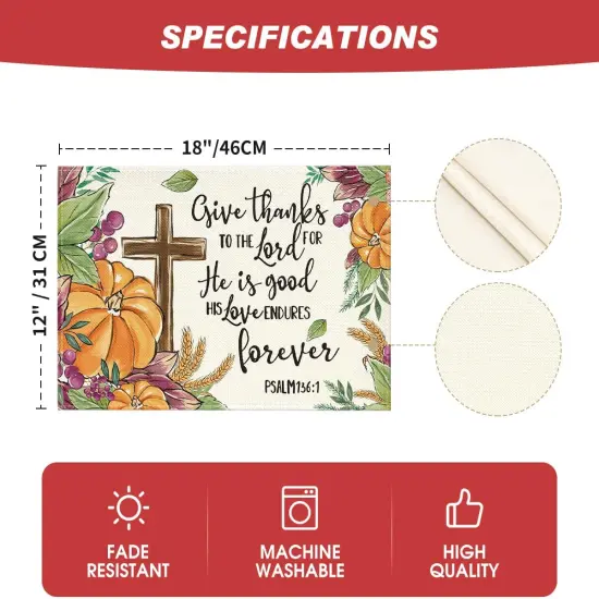 Set of 4 Pumpkin Leaves Grapes Wheat Placemats - 12x18 Inch (Orange/Beige) {5}