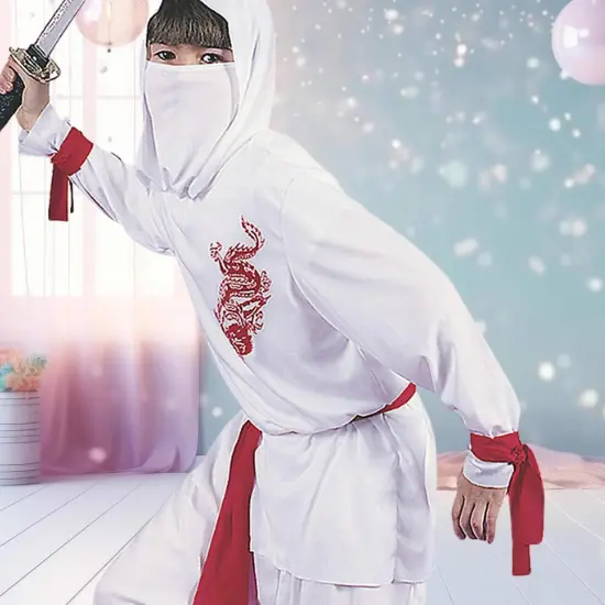 White Ninja Deluxe Child Costume with Hooded Shirt and Red Dragon Design {3}