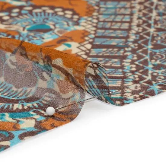 1 Yard Brown, Orange and Teal Floral Geometric Diagonal Stripes Silk Chiffon 54 Inch Width {2}
