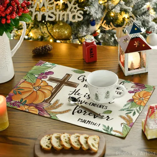 Set of 4 Pumpkin Leaves Grapes Wheat Placemats - 12x18 Inch (Orange/Beige) {3}