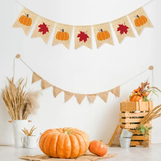 Burlap Pumpkin Maple Leaves Banner (Red, Orange) {3}