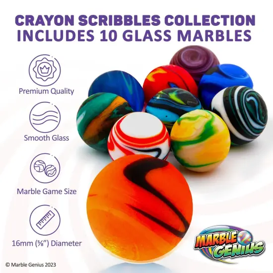 Marble Genius Collectors Marbles, Scribble Design, 16mm (⅝ Inch), 10 Handmade Glass Marbles, Gifts for Marble Lovers, Gifts for Kids Ages 3-14 {3}