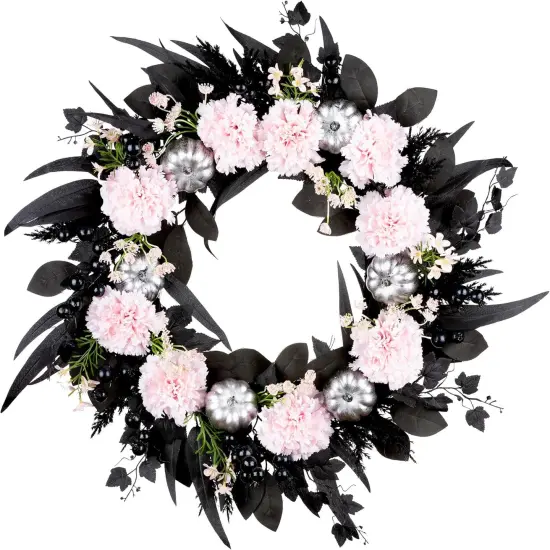 Artificial Pink Carnation Halloween Wreath - 26 Inch {4}