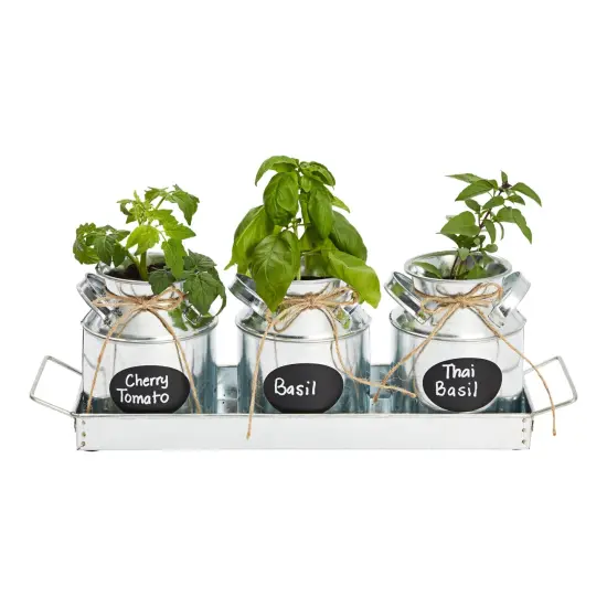 Set of 3 Galvanized Metal Window Herb Planters for Indoor Plants, Farmhouse Flowers Pots with Tray (4"D x 14"W x 5"H) {7}