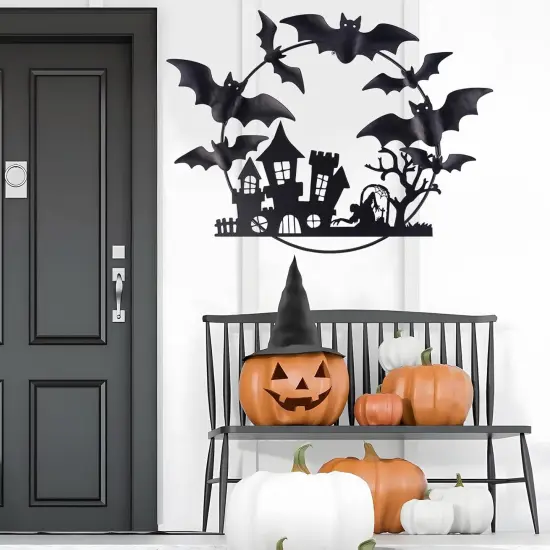 Halloween Metal Wreath - 20 inch Black Iron with Bats {5}