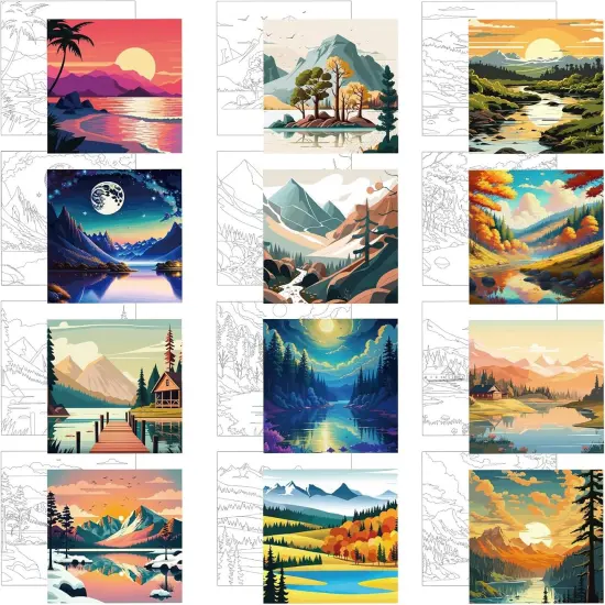 12 Pcs Pre Drawn Canvas for Painting - 8 x 8 Inch (Scenery) {1}
