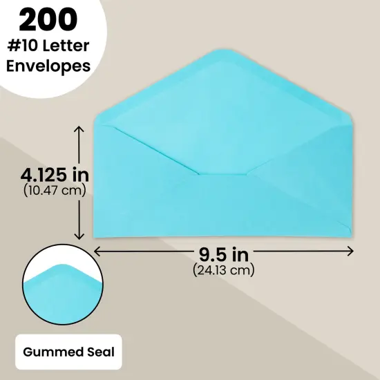 200 Pack #10 Blue Colored Envelopes Bulk - Gummed Seal Letter Size for Party Invitations, Business Mailing, Checks, Holidays, Greeting Cards, Thank You Notes (4 1/8 x 9 1/2 In) {3}