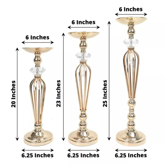 3 Gold Metal Crystals Pillar CANDLE HOLDERS Flower Ball Pedestal Stands Party {3}