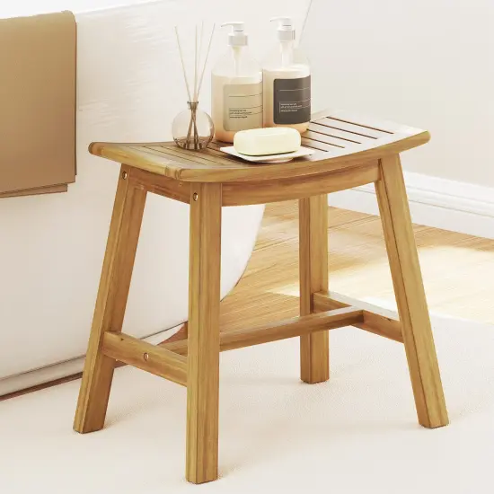 Natural Teak Wood Shower Stool with Curved Seat and H-Shaped Support Bars {2}
