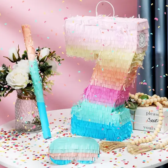 16 Inch Number Pi&ntilde;ata Kids Birthday Party Macaron Pi&ntilde;ata with Blindfold Stick and Confetti for Unicorn Birthday Wedding Baby Shower Decor(Number 7) {3}