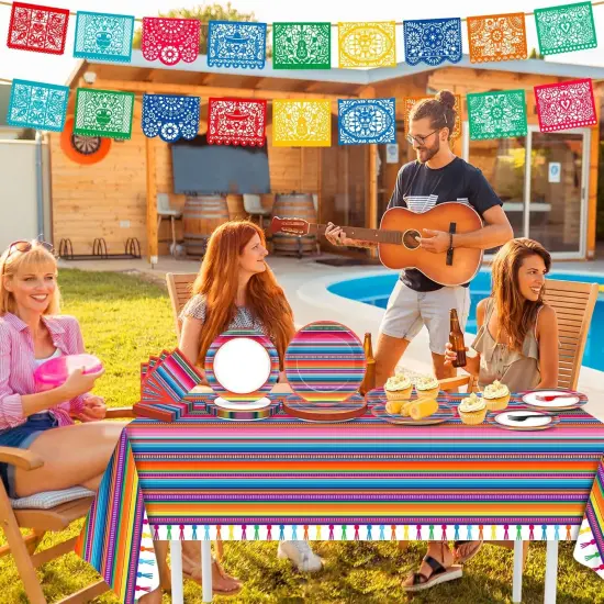 119 Pcs Mexican Fiesta Party Supplies Set Includes Cinco De Mayo Mexico Serape Plates, Napkins, Forks, Tablecloth, Banners, Colorful Stripes Tableware for Dance Pinata Taco Party, Serve 25 {5}