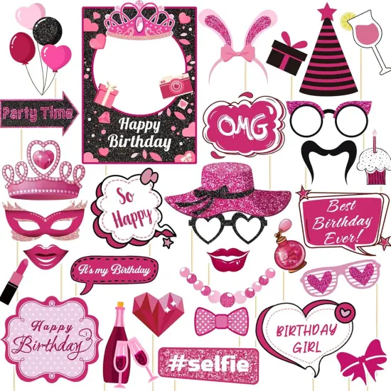 30 Pieces Hot Pink Girls Birthday Photo Booth Props Kit {1}