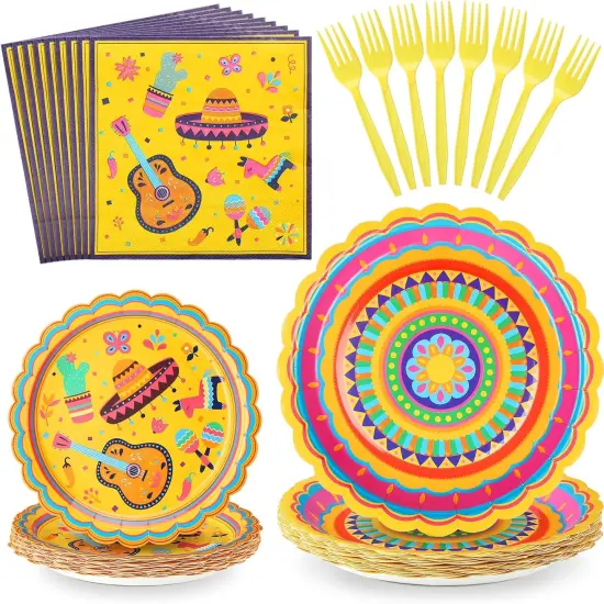 100 Pcs Mexican Themed Fiesta Party Plates Mexican Disposable Tableware for Cinco De Mayo Birthday Party Supply Including Plate Napkin Forks Taco Carnival Baby Shower Decoration for 25 Guests {1}