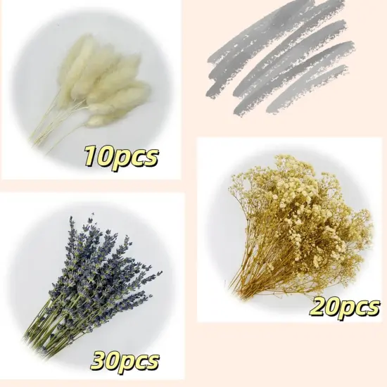 Dried Lavender & Baby's Breath & White Bunny Tails Flowers Bundles, Dried Flower Bouquet for Vase, Natural Gypsophila for Home, Wedding, Floral {2}