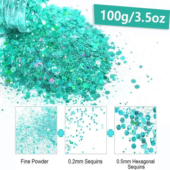100g Holographic Chunky Glitter, Cosmetic Mixed Hexagon Chunky & Fine Craft Glitter Resin Sequins for Epoxy Glass, Resin Art, Body, Hair, Face, Nail, Slime, Tumbler, Festival Party - Turquoise {2}