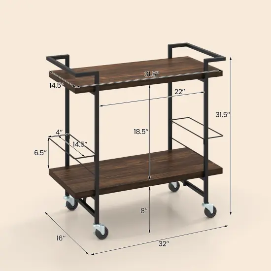 Rustic Brown Engineered Wood Metal 2-Tier Home Bar Cart and Easy Mobility {5}