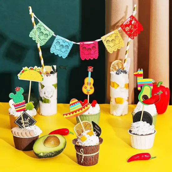 43 Pcs Fiesta Cupcake Topper and Picado Banner for Fiesta Party Decorations Mexican Theme Cake Decorations for Mexican Themed Cactus Donkey Taco Pepper Sombrero Mustache Party Decorations {5}