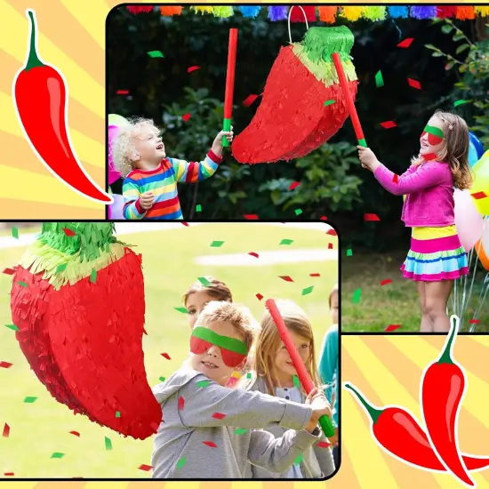 Red Chili Pepper Pi&ntilde;ata with Pi&ntilde;ata Stick and Blindfold, Fiesta Pi&ntilde;ata Funny Pi&ntilde;ata for Hot Pepper Festival Chili Themed Birthday Party Supplies Decoration {4}