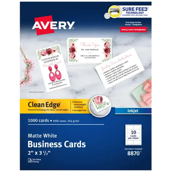 Avery Clean Edge Printable Business Cards with Sure Feed Technology, 2" x 3.5", White, 1,000 Blank Cards for Inkjet Printers (08870) {1}